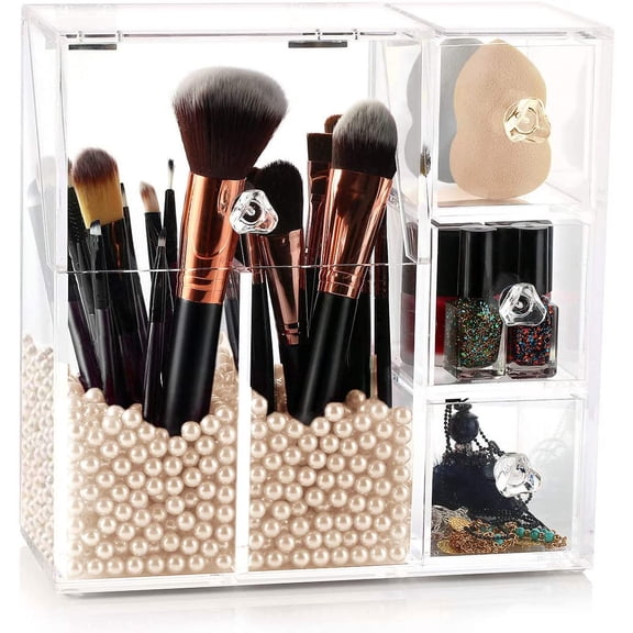 Makeup Brush Holder, Acrylic Makeup Organizer with 2 Brush Holders and 3 Drawers Dustproof Box with Free Beige Pearl