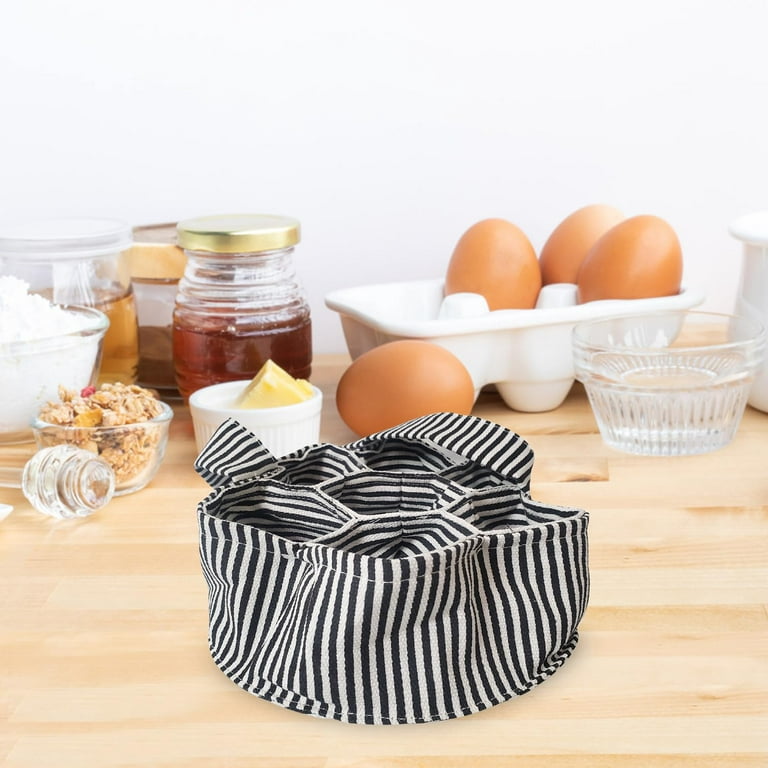  Haven Homestead Mini Fabric egg basket for gathering fresh eggs  - 1 egg collecting basket with 7 pouches for chicken, duck and quail eggs -  striped farmhouse with handle for adults