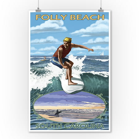 Folly Beach, South Carolina - Surfer with Inset - Lantern Press Artwork (9x12 Art Print, Wall Decor Travel