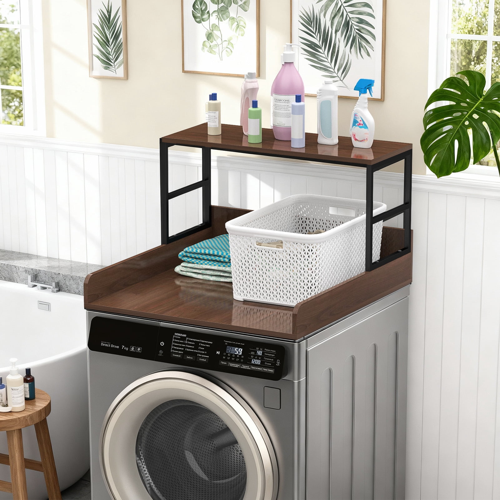 Sioweci 27.5" Washer Dryer Countertop, 2-Tier Laundry Topper with Anti-Slip Strips & Edge Rails, Heavy Duty Laundry Shelf, Laundry Room Storage Organizer,Brown