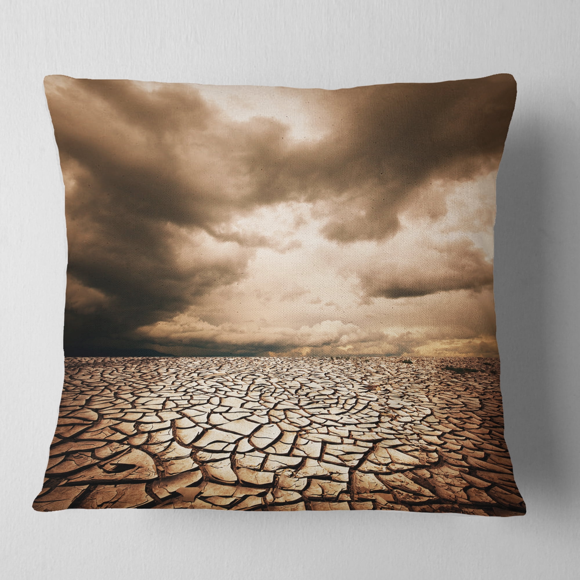 Designart Cracked Drought Land with Dark Clouds - Landscape Printed Throw Pillow - 18x18