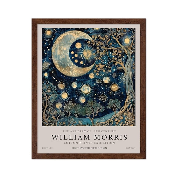 Monem Art William Morris Poster - Moon and Stars Print - Flower Art - Night Sky Art - Botanical Art - Exhibition Art - Floral Art - Aesthetic Living Room or Bedroom Decor - 16x20 Brown Framed