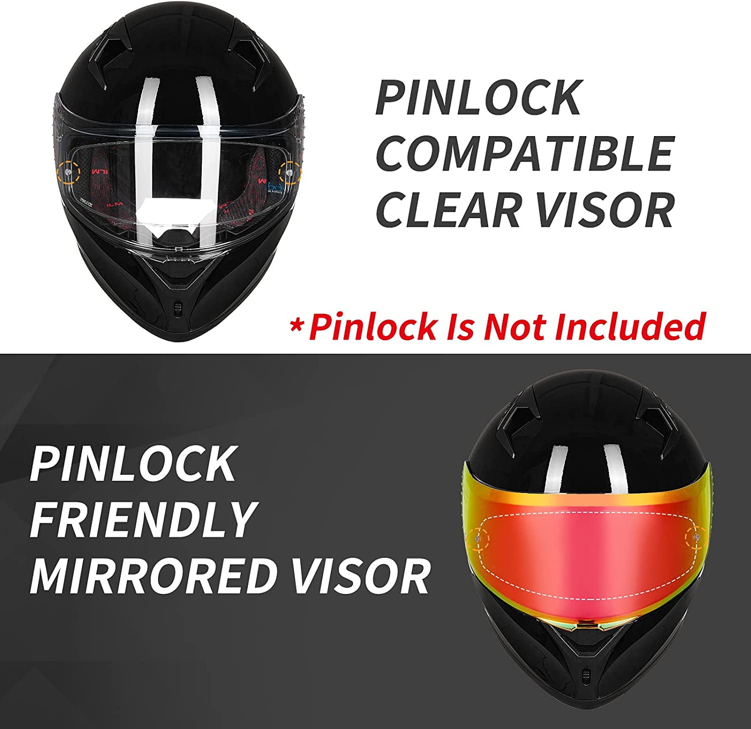 ILM Motorcycle Helmet Full Face with Pinlock Compatible Clear&Tinted Visors and Fins Street Bike Motocross Casco DOT(Gloss Black, X-Large)