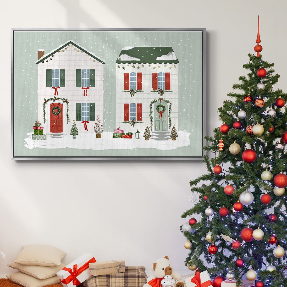 Festive Front Door Collection A - Framed Gallery Wrapped Holiday Canvas - 27 x 41 - Silver Frame