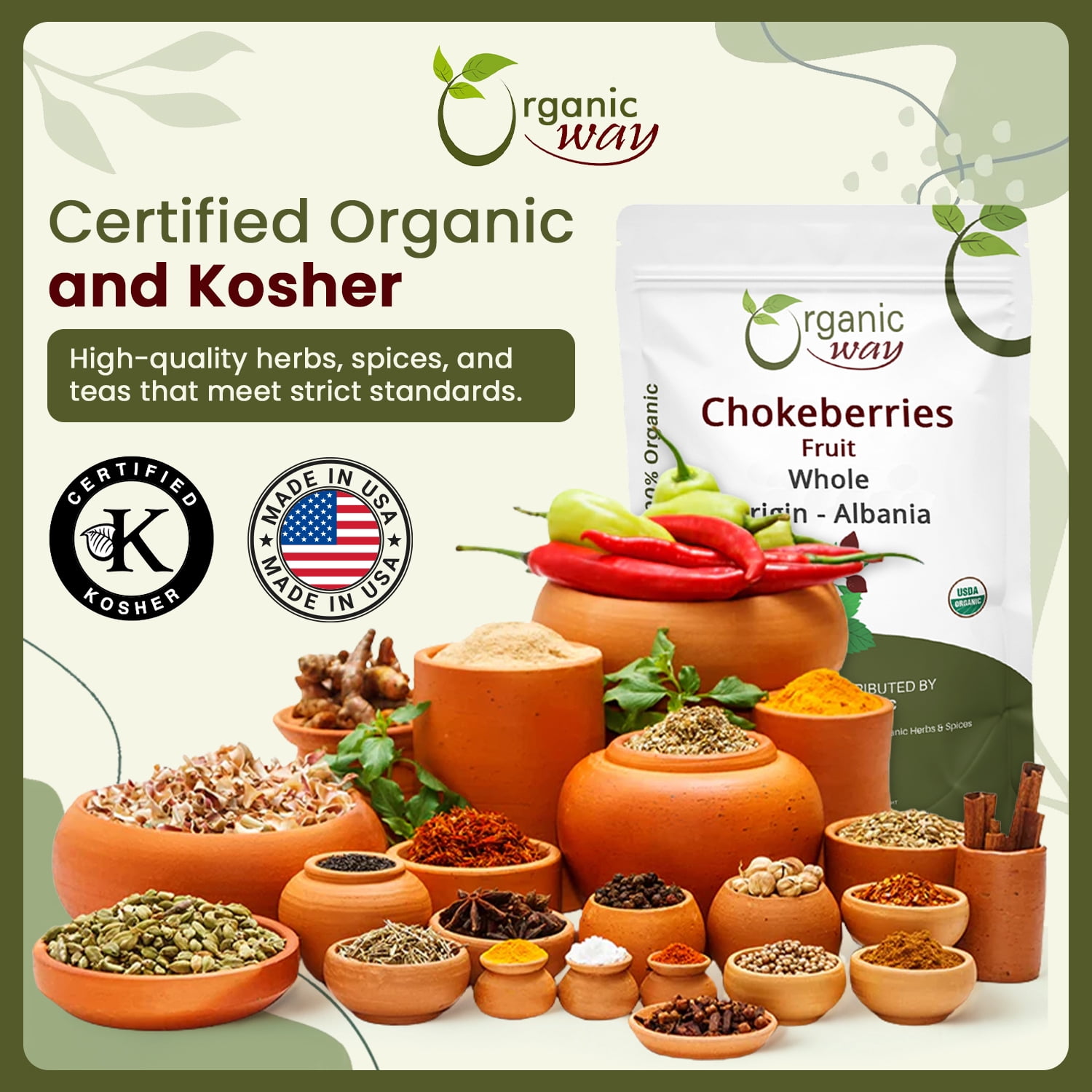 Organic Way Chokeberries Fruit/Aronia Berry Whole (Aronia Melanocarpa) - European Wild-Harvest | Organic & Kosher Certified | Non GMO & Gluten Free | USDA Certified | Origin - Albania (1 lbs / 16 oz)