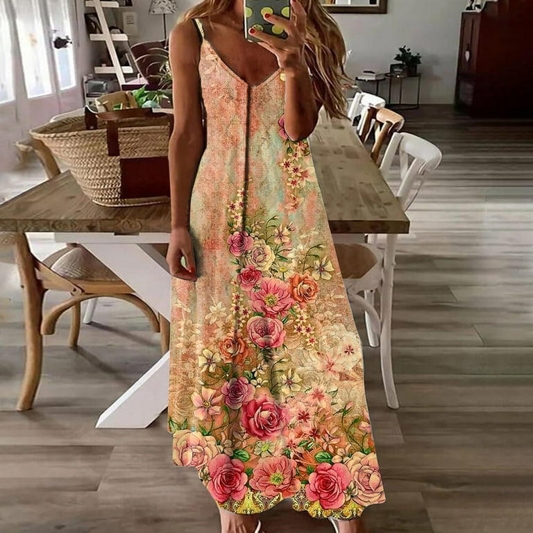 QUYUON Floral Maxi Dresses for Women Backless Spaghetti Strap V-Neck  Sleeveless Long Maxi Dress Casual Summer Floral Printed Dress Loose A-Line  Flowy Dress Beach Sundress Style D-7270 Red XXL 