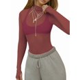 thumbnail image 2 of Mesh Long Sleeve Top for Women, Lace Sheer Tops See Through Mock Neck Floral Embroidery Sheer Blouce Shirt Wine Red L, 2 of 8