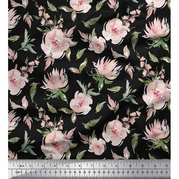 Soimoi Black Cotton Duck Fabric Flower & Leaves Watercolor Print Fabric by Yard 42 Inch Wide