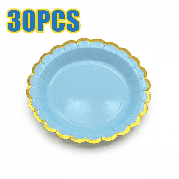 ROSEXIXI 30 PCS Blue Scalloped Paper Party Plates with Gold Foil Edges (9 in),For Wedding Birthday Party Dessert Table Supplies