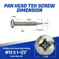 thumbnail image 2 of Fastenere Pan Head Self Drilling Tek Screws -#12 x 1-1/2" (50 Pack) Stainless Steel 410, Full Thread, Bright Plain Finish, Corrosion-Resistant, Self-Drilling, Easy to Install Phillips Drive Size #3, 2 of 4
