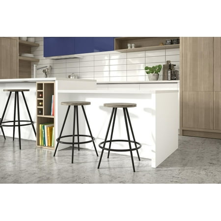 Metal Black Counter Stools - Novogratz Leo Farmhourse 24-Inch Counter Stool, Rustic and Modern Style, Black Metal Frame with Grey Wood Seat