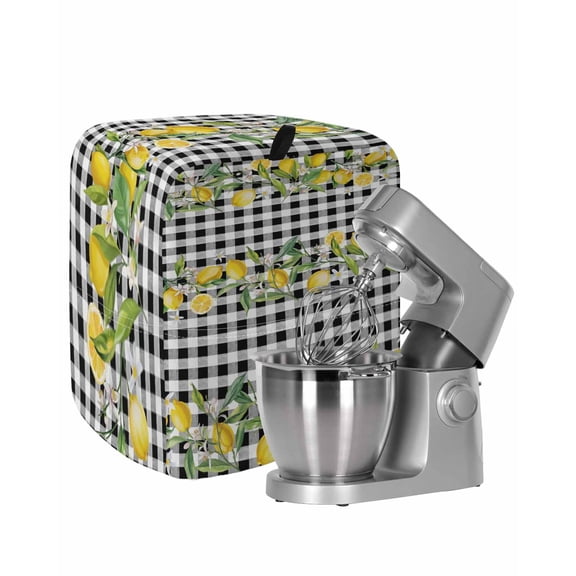 Lemon Stand Mixer Dust Cover with Storage Pocket & Handles,Farmhouse Summer Botanical Fruit Black White Plaid Fits All Tilt Head & Bowl Lift Kitchen Appliance Cover Organizer Accessories,6-8 Quart
