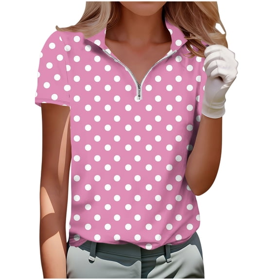 Aoochasliy Women's Short Sleeve Lapel T Shirt with Zip Up Golf Print Detail Stripe Printing Loose Fit Fashion Casual Spring Summer Loose Tee Shirt Top for Golf Outings Sports