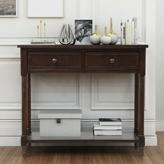 Traditional Daisy Series Console Table with Double Drawers ,Retro Console Table with Bottom Shelf, for Living Room, Espresso