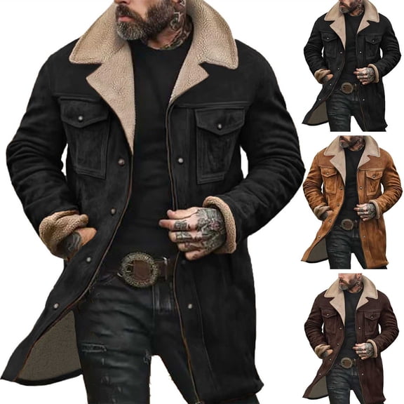 Joernso Men Jacket Autumn Winter Woolen Coat Lapel Single-Breasted Mid-Length Windproof Jacket Suede Multi Pockets Outerwear