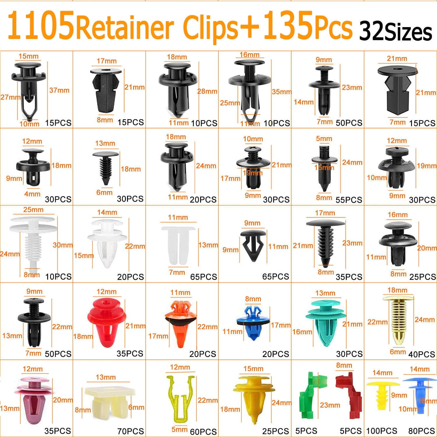 1240Pcs Car Retainer Clips & Fasteners Kit – 32 Universal Sizes Nylon Bumper, Fender Rivets, Door Panel Clips, and Plastic Rivets with 10 Cable Ties and Removal Tool for Toyota, Ford, Honda, Chevy