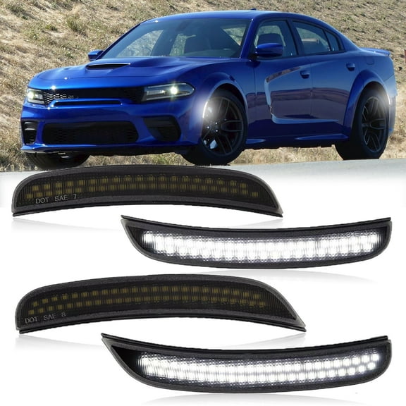 LED Side Marker Lights White Compatible With Dodge Charger 2015-2023, White Front & Rear Bumper Marker Lamps Smoked Len, 4PCS
