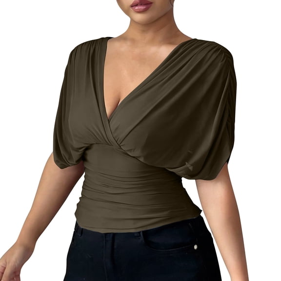 Rutainlusire Women's Trendy Daily V-Neck Puff Sleeve Ruched Waist Blouse Tops Ladies' Fashionable Casual Solid Color Lace Up Short Sleeved Top