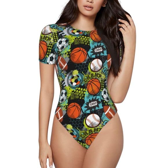 Bingfone Balls Pattern Women's Round Neck Bodysuit, Tight Snap Button Short Sleeve Bodysuit, Suitable for Party, Sports, Daily Wear-XX-Large