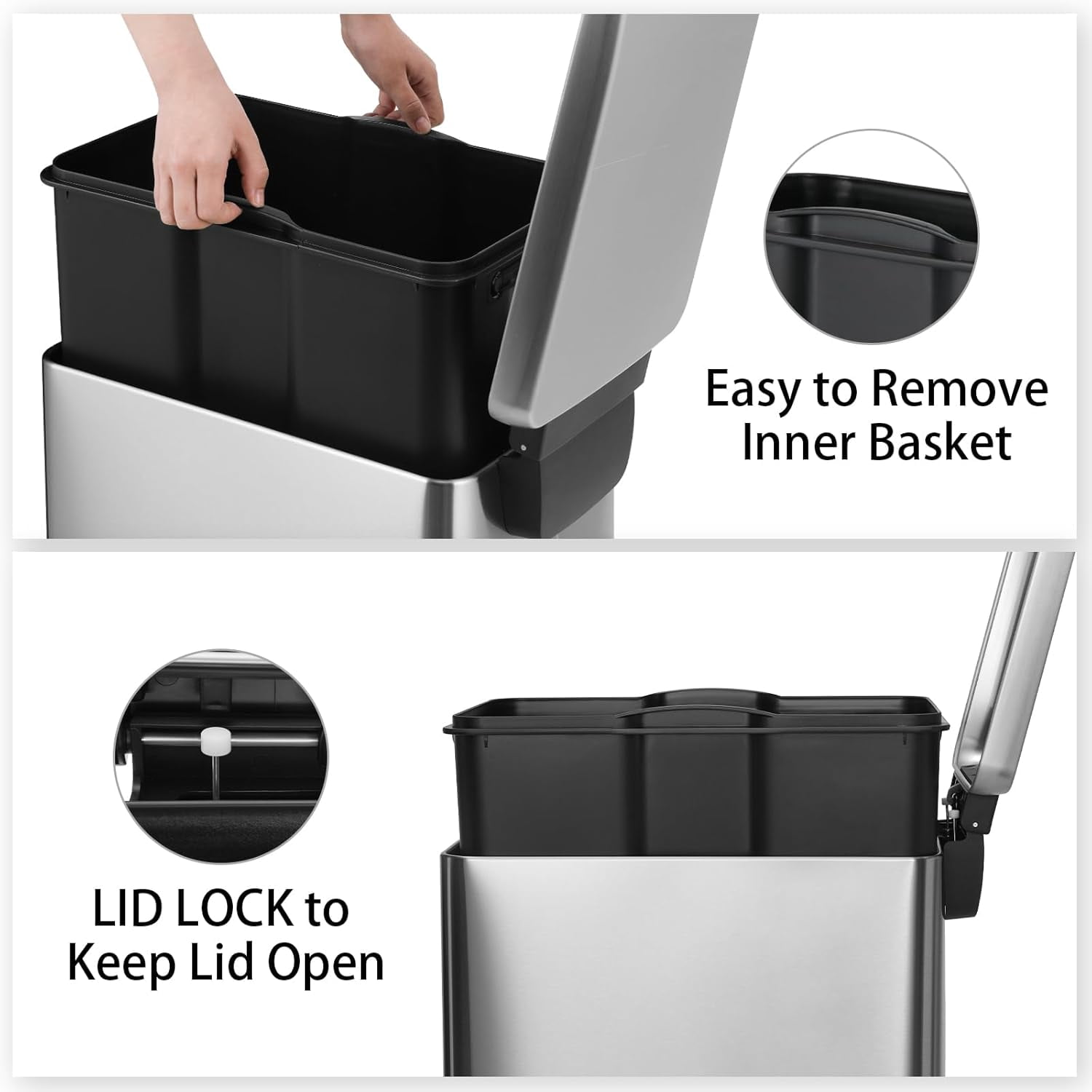 TLSUNNY 13.2 Gal Stainless Steel Trash Can, with Soft-Close Lid, Inner Bucket, Foot Pedal Trash Can, for Kitchen, Bathroom, Living Room