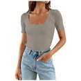 thumbnail image 2 of Lixiuxyad Women Short Sleeve Square Neck T Shirts Summer Slim Fitted Ribbed Knit Basic Casual Tee Tops Trendy Casual,Brown M, 2 of 7