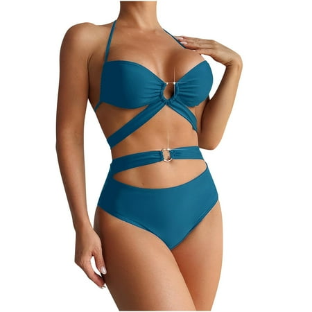 UTSJKR High Waisted Bikini Sets for Women Sexy Halter Ring Linked 2 Piece Bathing Suits Cheeky Triangle Bikini Swimsuit 2025 Light Blue M