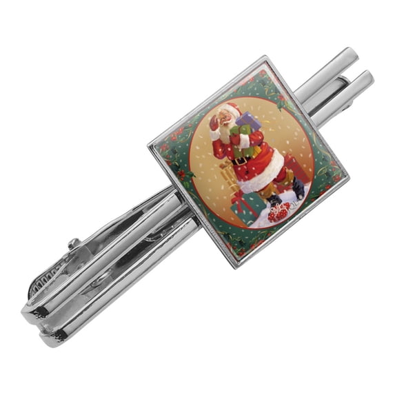 Christmas Holiday Santa Delivering Presents Holly Square Tie Bar Clip Clasp Tack- Silver or Gold