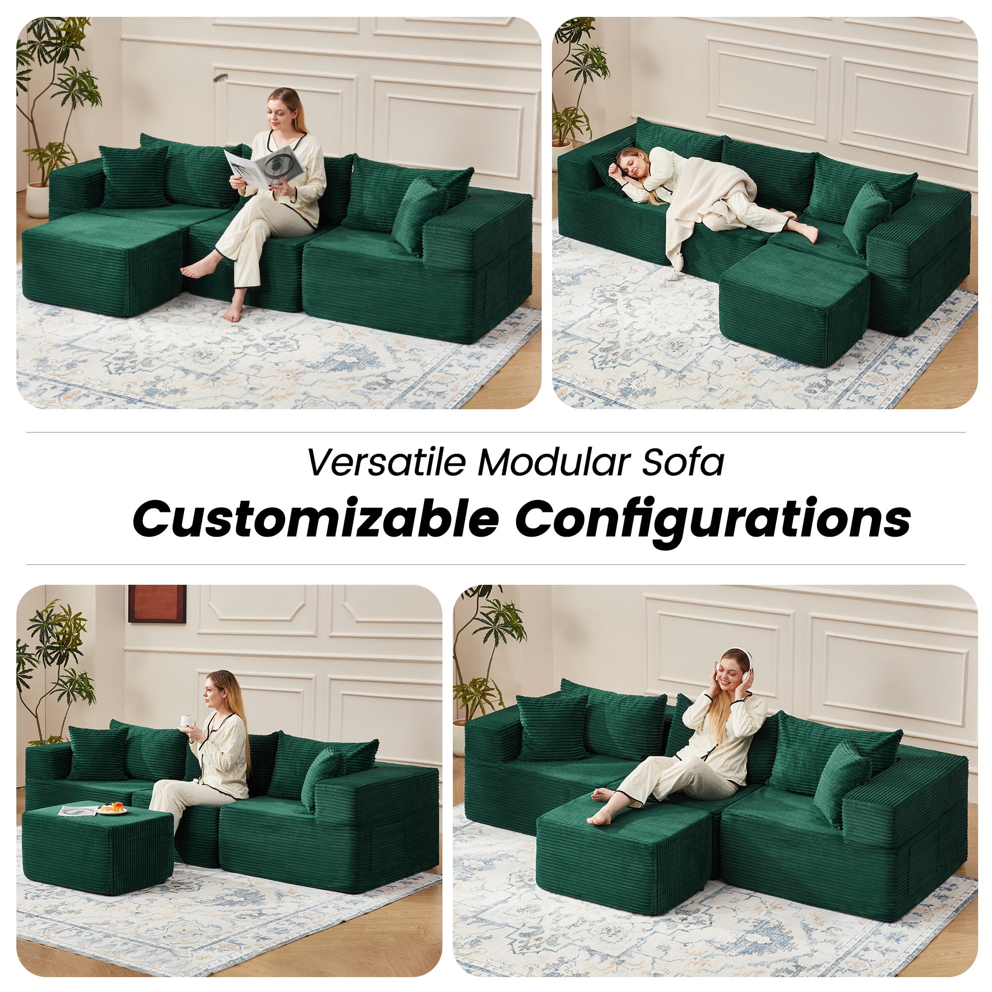Vicluke 102" Cloud Couch Sectional, L Shaped Modern Sofa with Ottoman, Comfy Corduroy Fabric Modular Sectional Sofa in a Box, Boneless Couches for Living Room, No Assembly Required (Green)