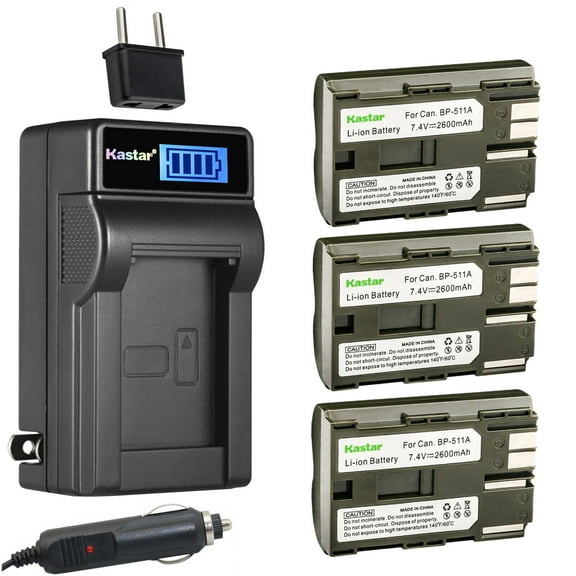 Kastar 3-Pack BP-511 BP-511A Battery and LCD AC Charger Compatible with Canon ZR30, ZR30MC, ZR40, ZR40A, ZR45, ZR45MC, ZR50, ZR50MC, ZR60, ZR65MC, ZR70MC, ZR80, ZR85, ZR85MC, ZR90, ZR90MC Cameras
