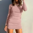 thumbnail image 2 of VSSSJ Women's Crewneck Long Sleeve Ruched Slim Ribbed Basic T-Shirt Dresses Solid Color Side Drawstring Lace-Up Bodycon Mini Dress Pink L, 2 of 6