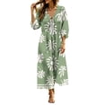 thumbnail image 2 of Ayolanni Plus Size Women's Fall Dress 3/4 Sleeve V Neck A-Line Maxi Dresses Hawaii Weekend Floral Beach Long Dress Green L, 2 of 7