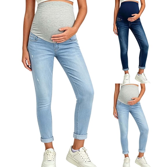 YUANxueke Women's Maternity Jeans Stretch Over Belly Slim Fit Pants Casual Pregnancy Denim Pants with Pockets,Dark Blue,L