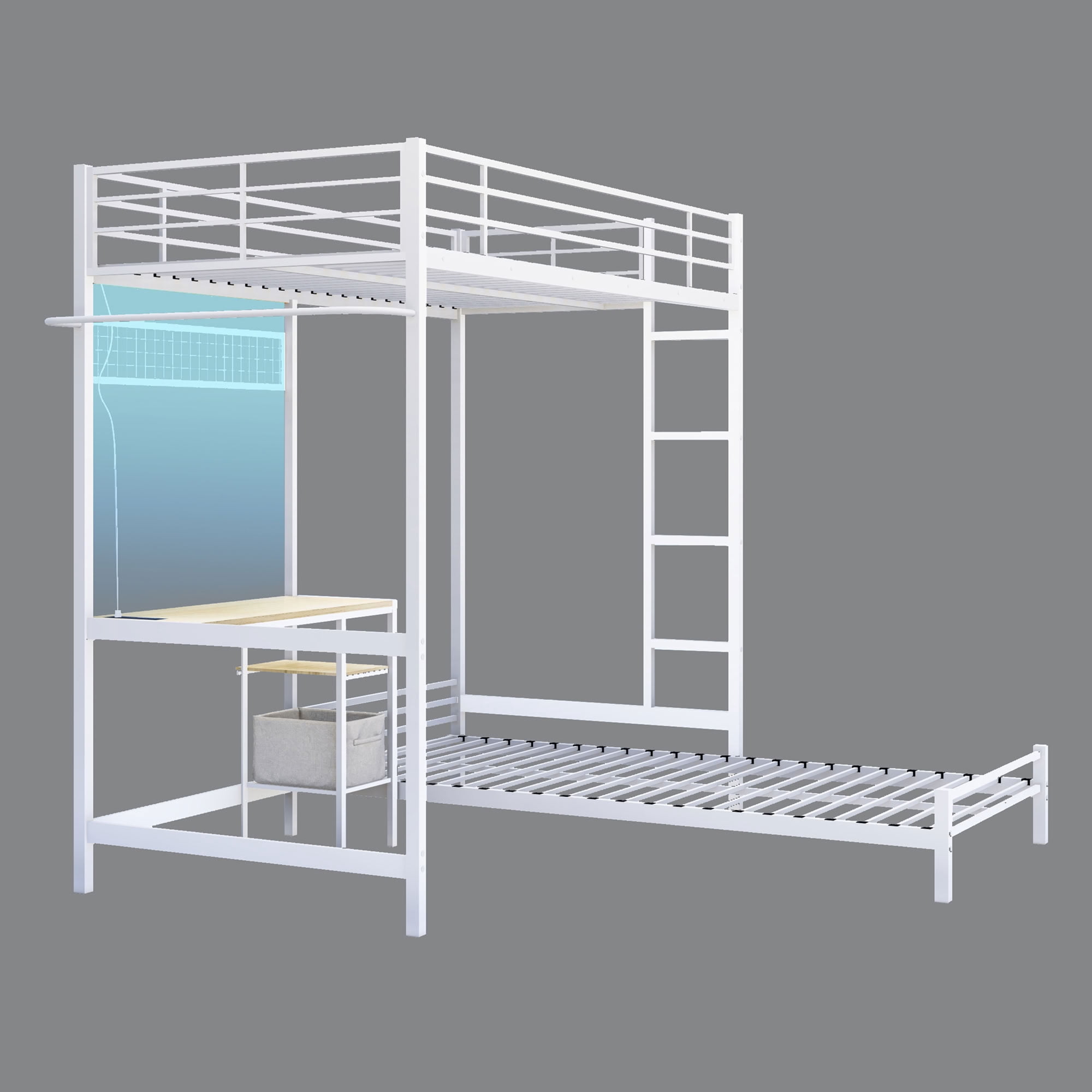 MAYEERTY Twin Over Twin Metal Bunk Bed with Desk and Trundle, Heavy Duty Bed Frame with High Guardrails and Ladder, Space-Saving for Kids Teens Adults Dorm, White