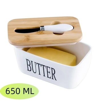 Butter Dish with Bamboo Lid for Countertop,Stainless Steel Butter Knife and Silicone Sealing Butter Dishes,Ceramic Butter Dishes with Covers,White