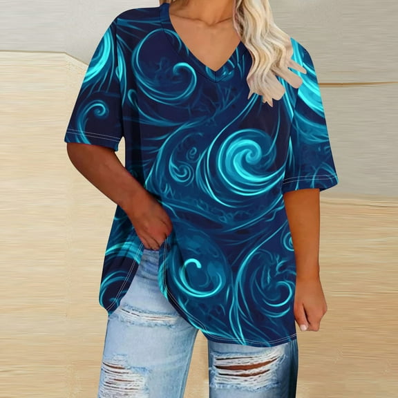 YOTAMI Tops for Women Plus Size Trendy Casual Floral Print Short Sleeve Summer Graphic Tees V-Neck Blouses Blue, Size 3XL