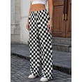 thumbnail image 5 of Women Elastic Waist Wide Leg Pants, Checkerboard Print Loose Trousers with Pockets for Fall Daily Casual Wear, 5 of 6