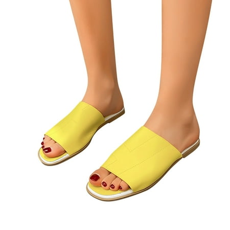 

Slippers for Women Solid Color Leather Flat Casual Beach Sandals And Slippers Yellow 8