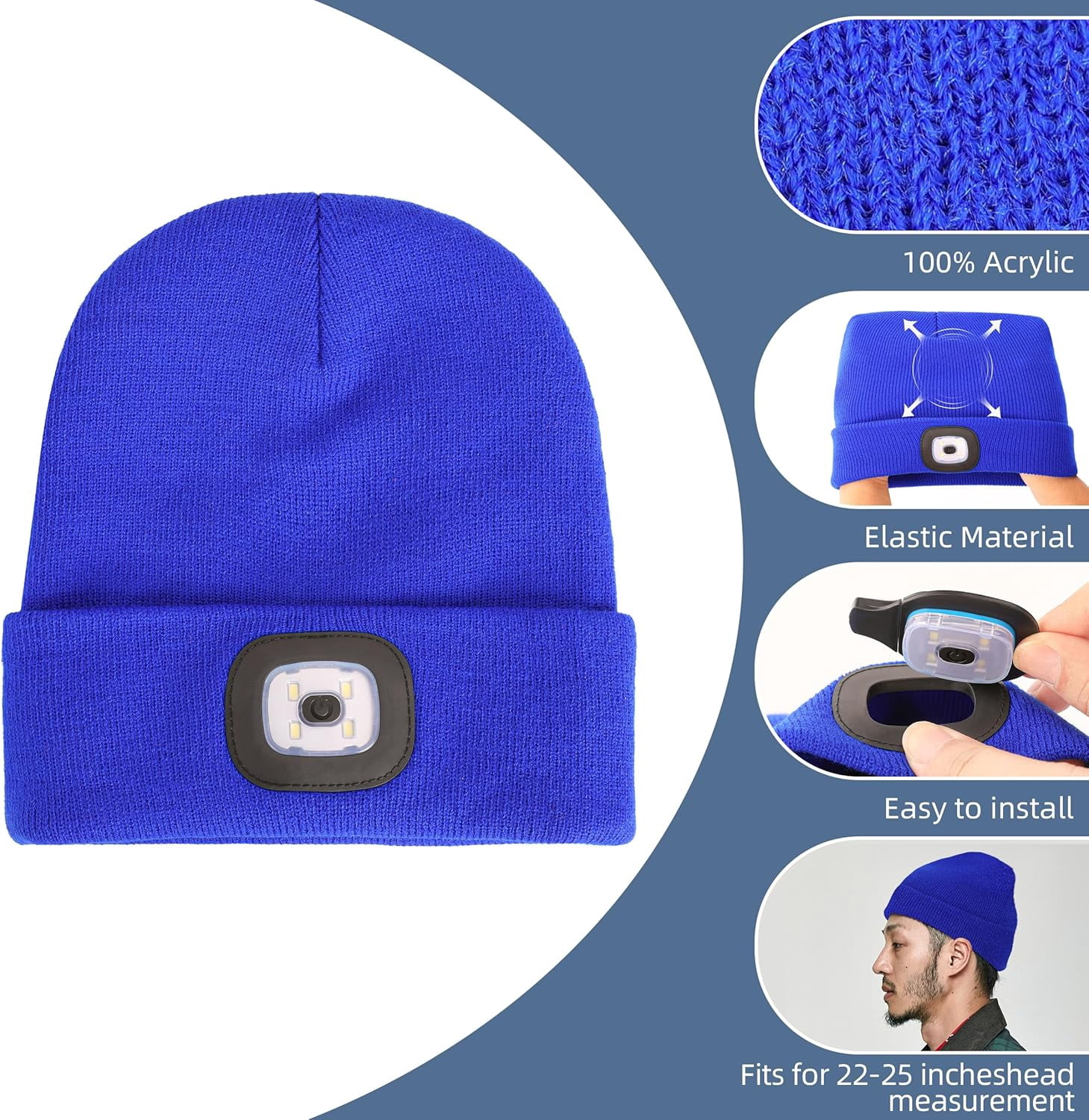 Unisex Beanie Hat with Light, USB Rechargeable LED Headlamp Hat Night Light Cap Christmas Stocking Stuffers Gifts for Men Dad Father Husband (Royal Blue)