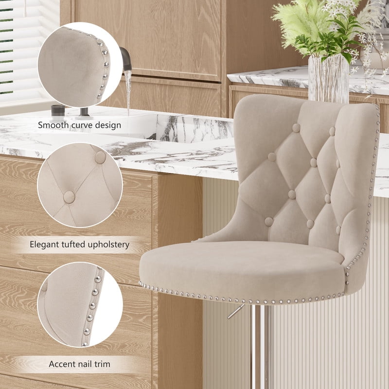 Hawsaiy Swivel Bar Stools Set of 2, Adjustable Velvet Tufted Counter Height Chairs with Nailhead Trim, Upholstered Barstools for Kitchen Island, Khaki