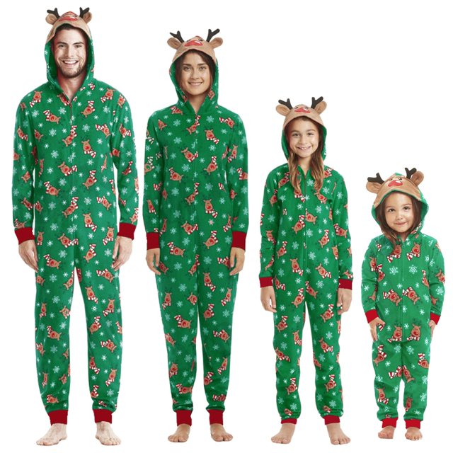 2023 Cartoon Cute Elk Ear Print Christmas Matching Outfits Parent-child Zipper Hooded Jumpsuit Rompers Xmas Family Look Outfits