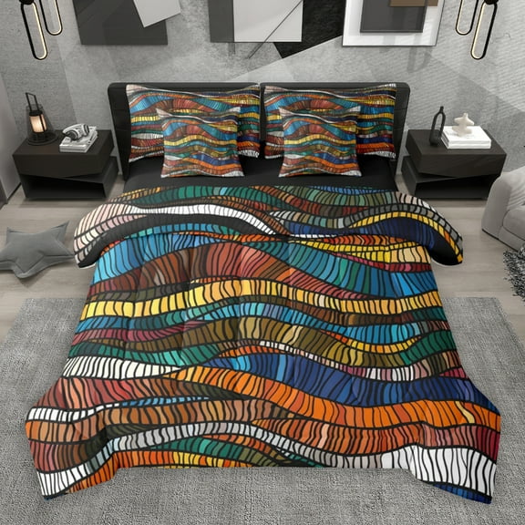 Manfei Colorful bohemian Stripes 7-Piece Twin Bedding Sets,Boho Theme Bedding Comforter Set,Modern Abstract Desgin Sheet Sets For Men Women,Breathable Home Decor Reversible