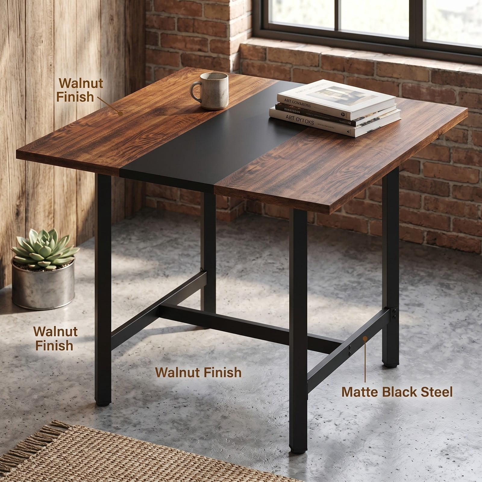 Furnibear 39.5 Inch Square Conference Table, Meeting Room Table with Thickened Tabletop and Reinforced H-Shaped Metal Frame, Seats 4 for Office Working, Rustic Brown