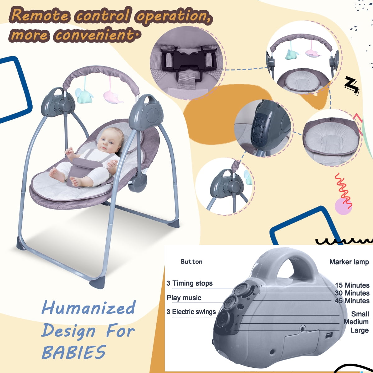 HAOUUCYIN Electric Baby Swing, Portable Infant Bouncer Cradle with bluetooth Music and Remote Control, Gray