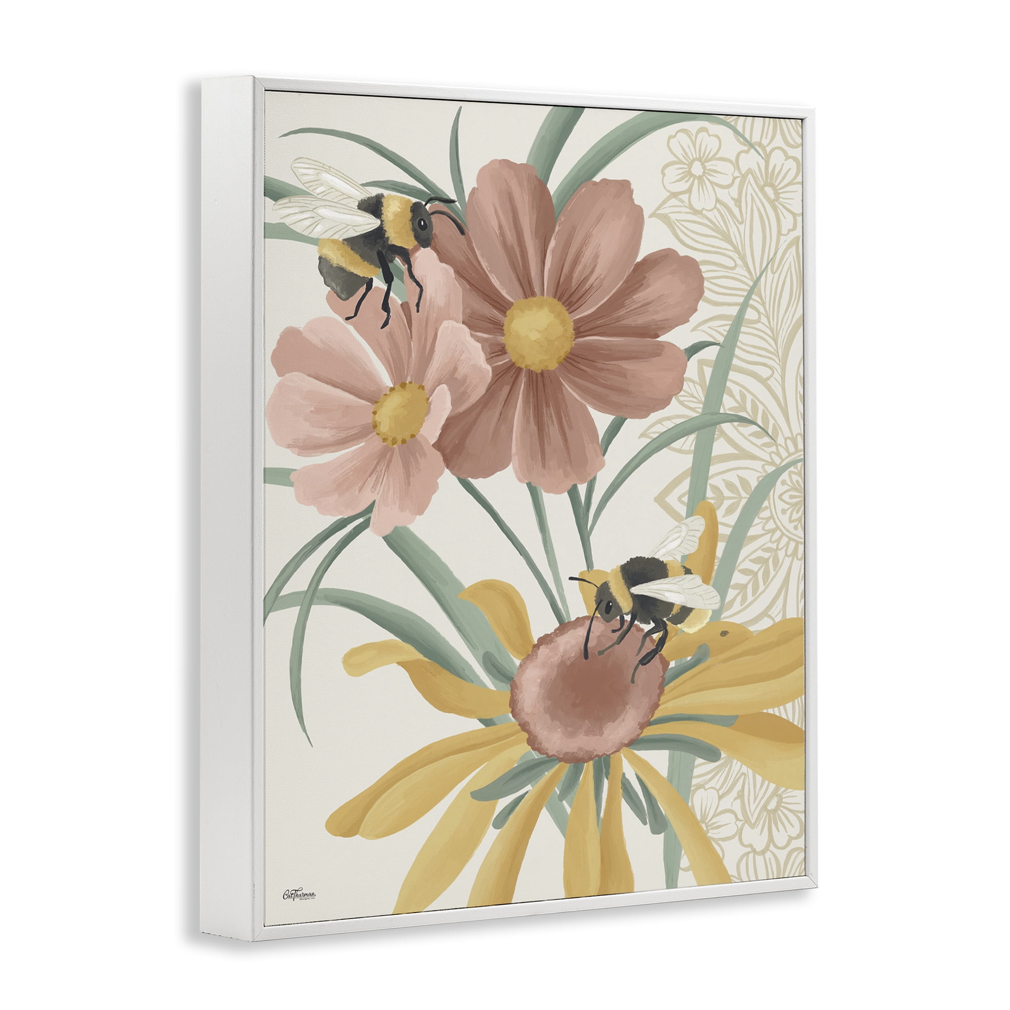 Stupell Industries Pollinating Bumble Bees Botanical & Floral Painting White Framed Art Print Wall Art, 16 x 20