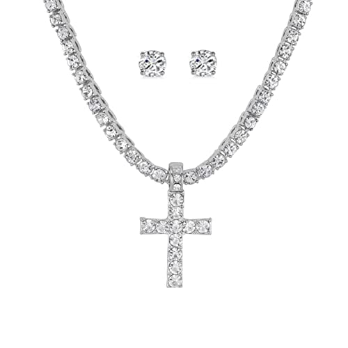 Slay Queen w/ Ladies on Fire Hip Hop 3pc Jewelry Tennis Necklace, Cross Pendant, and Earrings Bling Set - TPBE-01 (24, 3mm Tennis Silver (Cross)