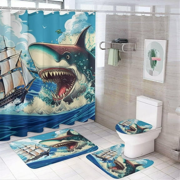 Nautical Ocean Wildlife Shark 4 Pieces Shower Curtain Set,Cool Undersea Animals Sharks Fish Coral Non-Slip Rugs Toilet Lid Cover Bath Mat and Bathroom Curtain