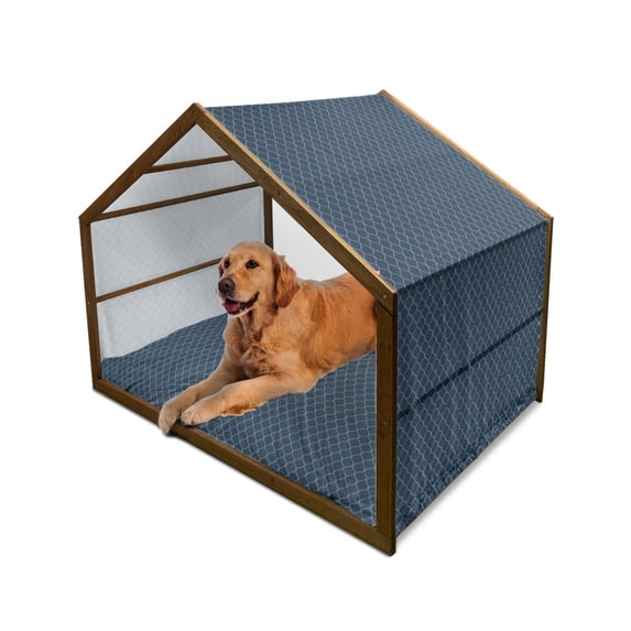 Geometric Pet House, Lattice Pattern with Dots and Curved Lines Abstract Traditional Motifs, Outdoor & Indoor Portable Dog Kennel with Pillow and Cover, 5 Sizes, Dark Blue Cream, by Ambesonne