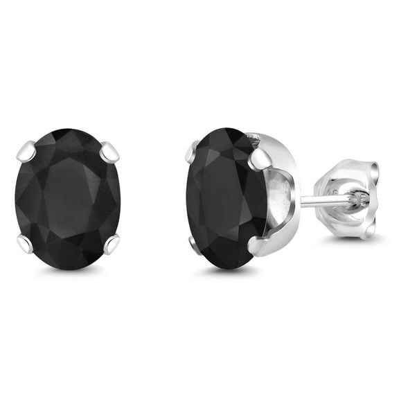 Gem Stone King 3.32 Cttw Black Sapphire 4-Prong Stud Earrings for Women Men | 925 Sterling Silver | Gemstone Birthstone | Oval 8X6MM