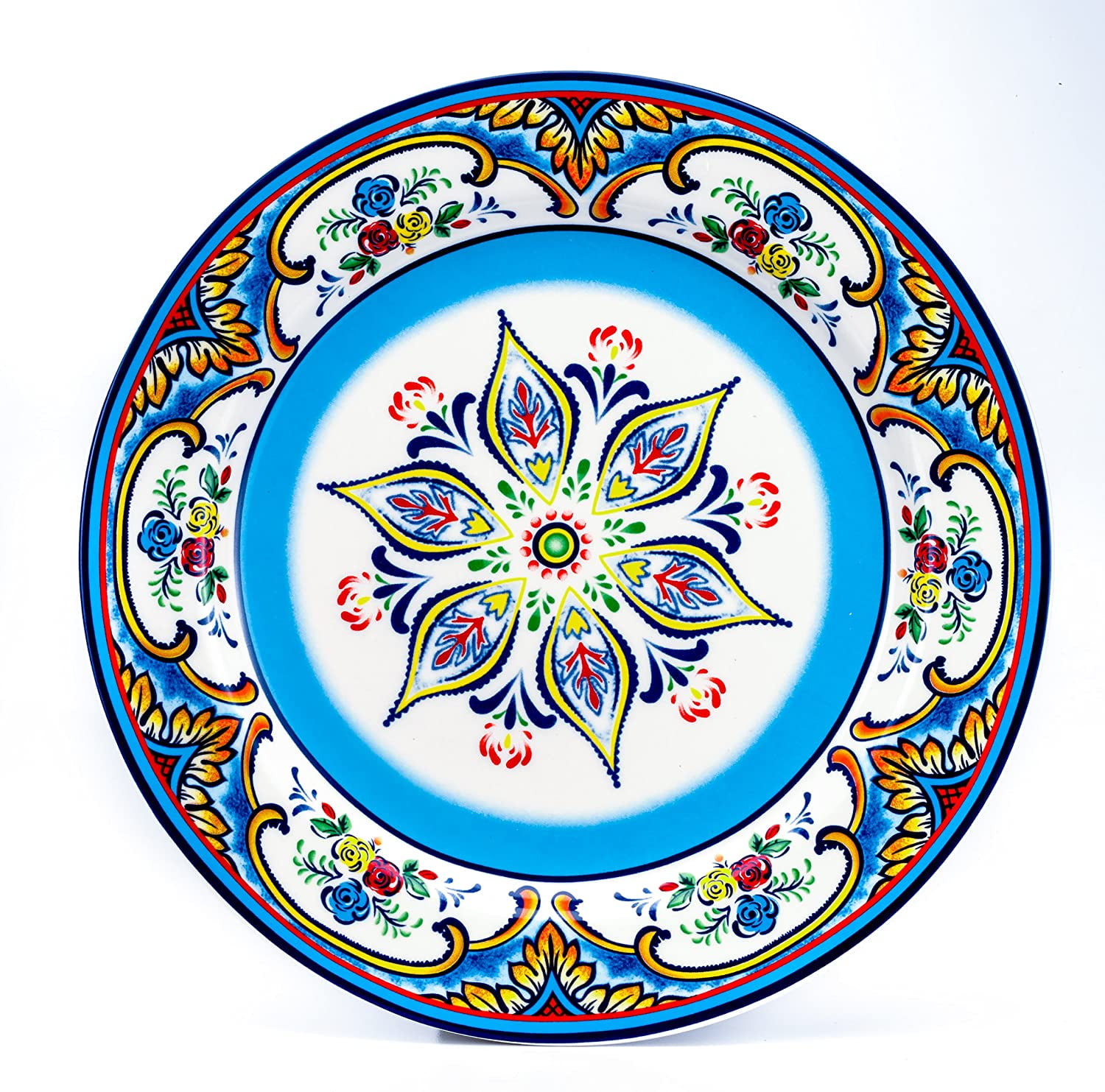Spanish Floral Design Service for 4 Blue and Yellow New Euro Ceramica Zanzibar Collection 16 Piece Dinnerware Set Kitchen and Dining Multicolor 