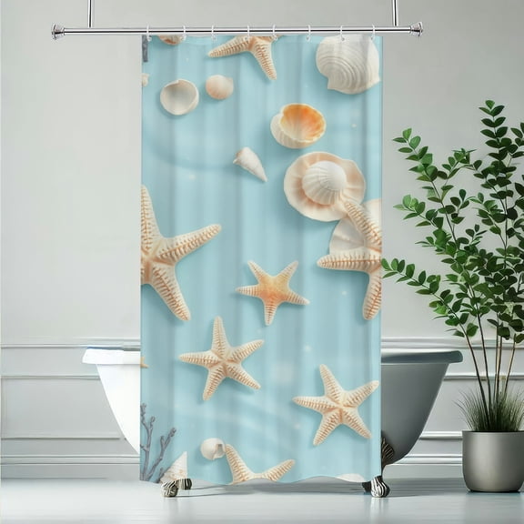 RKSupls Waterproof Shower Curtain, Starfish Seashell Pattern, Polyester Fabric with Rustproof Hooks, Mildew Resistant & Quick Dry Washable for Chic Home Bathtub Decor
